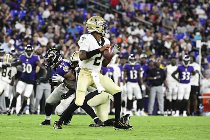 New Orleans Saints quarterback Jameis Winston (2) drops back to pass against the Baltimore Ravens. Mandatory Credit: Tommy Gilligan-USA TODAY Sports